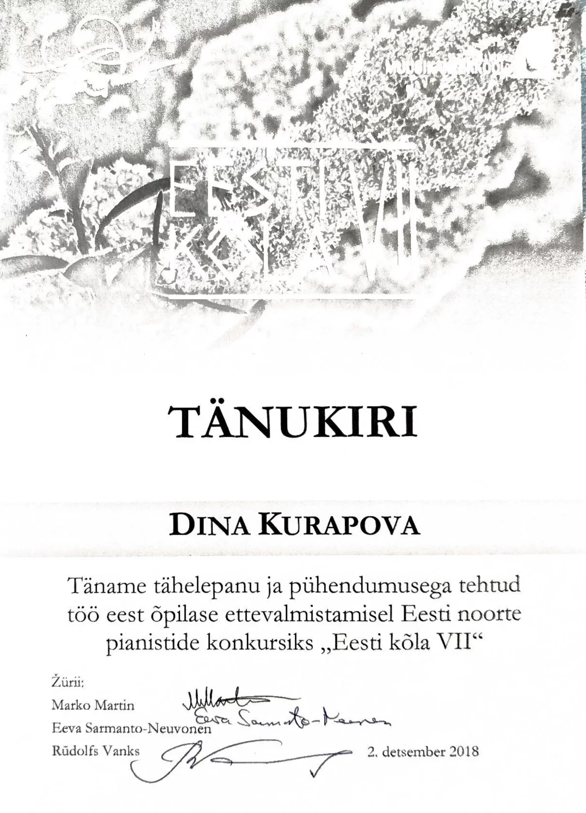 Благодарность Eesti Kõla VII